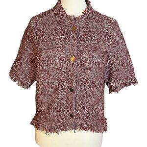 J. Crew Cropped Fringe-trim Lady Jacket Marled Yarn Red Size M Preppy Timeless